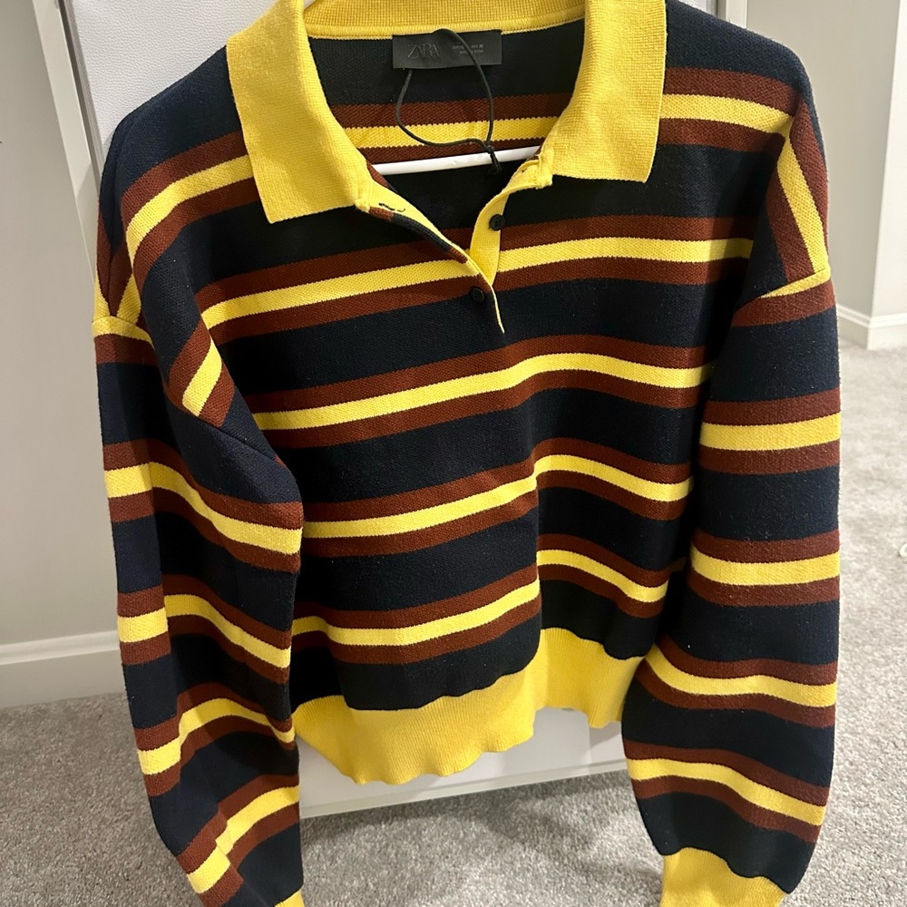 Zara Women’s Striped Crewneck Polo Sweater in Yellow, Navy & Brown